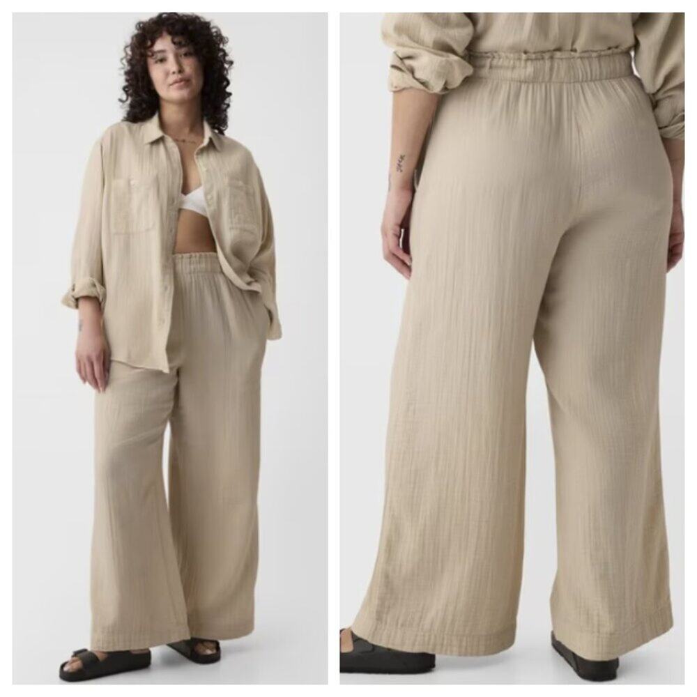 NWT GAP Women's Mid Rise Gauze Wide Leg Pull On Pant Beige Size XL